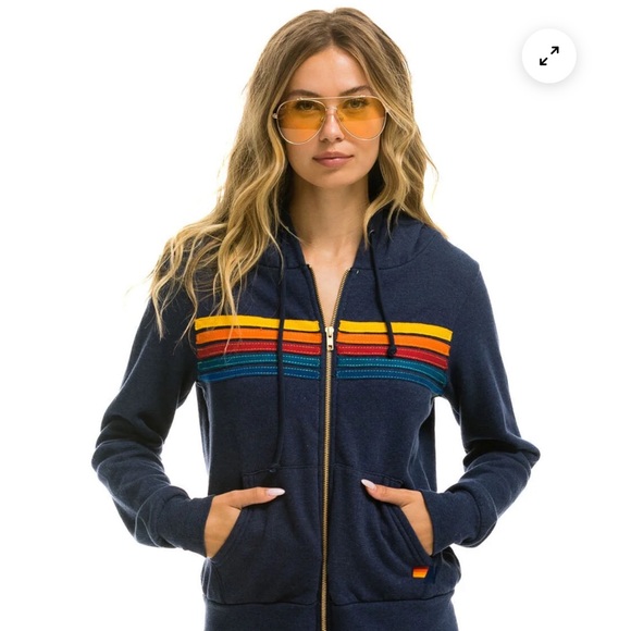 Aviator Nation Navy Blue Hooded Sweater with Multicolor Stripes sz Large - Picture 2 of 14